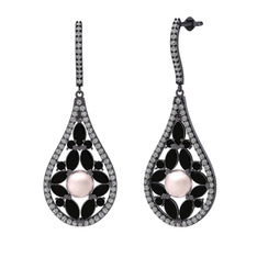 Apodemia İnci Küpe - Pembe inci, siyah zirkon ve swarovski 925 ayar siyah rodyum kaplama gümüş küpe #9mnyle