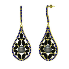 Apodemia İnci Küpe - Siyah inci, siyah zirkon ve lab safir 8 ayar altın küpe #a1ates