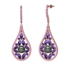 Apodemia İnci Küpe - Siyah inci, ametist ve pembe kuvars 14 ayar rose altın küpe #abw2t4