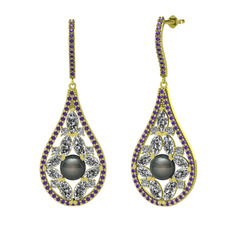 Siyah inci, swarovski ve ametist 18 ayar altın küpe