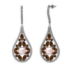 Apodemia İnci Küpe - Pembe inci, dumanlı kuvars ve beyaz zirkon 14 ayar beyaz altın küpe #aymqk6