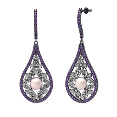 Apodemia İnci Küpe - Pembe inci, beyaz zirkon ve ametist 925 ayar siyah rodyum kaplama gümüş küpe #b4kym9