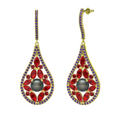 Apodemia İnci Küpe - Siyah inci, garnet ve ametist 14 ayar altın küpe #b5k1se