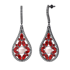 Pembe inci, garnet ve swarovski 925 ayar siyah rodyum kaplama gümüş küpe