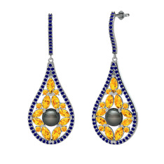 Apodemia İnci Küpe - Siyah inci, sitrin ve lab safir 8 ayar beyaz altın küpe #c2lk3w