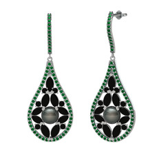 Apodemia İnci Küpe - Siyah inci, siyah zirkon ve yeşil kuvars 18 ayar beyaz altın küpe #c6we2x