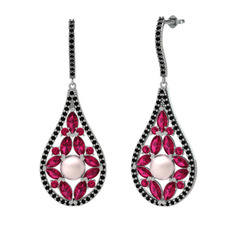 Apodemia İnci Küpe - Pembe inci, rodolit garnet ve siyah zirkon 8 ayar beyaz altın küpe #dagfp9