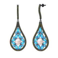 Apodemia İnci Küpe - Pembe inci, akuamarin ve peridot 925 ayar siyah rodyum kaplama gümüş küpe #dopdtf