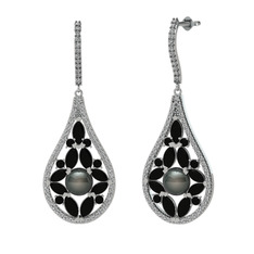 Siyah inci, siyah zirkon ve swarovski 18 ayar beyaz altın küpe