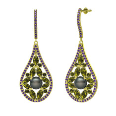 Apodemia İnci Küpe - Siyah inci, peridot ve ametist 14 ayar altın küpe #dwa1c8