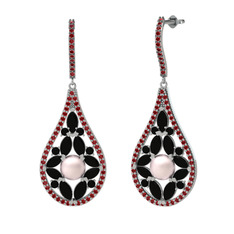 Apodemia İnci Küpe - Pembe inci, siyah zirkon ve garnet 14 ayar beyaz altın küpe #dx8tqt