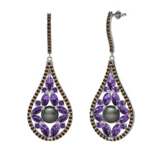 Apodemia İnci Küpe - Siyah inci, ametist ve dumanlı kuvars 925 ayar gümüş küpe #e5flvk