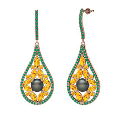 Apodemia İnci Küpe - Siyah inci, sitrin ve kök zümrüt 14 ayar rose altın küpe #e8afku