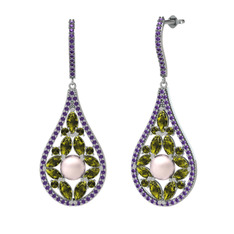 Pembe inci, peridot ve ametist 8 ayar beyaz altın küpe