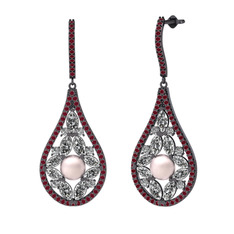 Apodemia İnci Küpe - Pembe inci, swarovski ve kök yakut 925 ayar siyah rodyum kaplama gümüş küpe #ehqibl