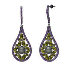 Siyah inci, peridot ve ametist 925 ayar siyah rodyum kaplama gümüş küpe