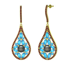 Apodemia İnci Küpe - Siyah inci, akuamarin ve kök yakut 925 ayar altın kaplama gümüş küpe #eym6kc