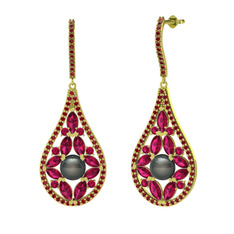 Apodemia İnci Küpe - Siyah inci, rodolit garnet ve garnet 14 ayar altın küpe #f5fmds