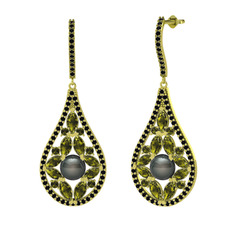 Apodemia İnci Küpe - Siyah inci, peridot ve siyah zirkon 14 ayar altın küpe #fow5f