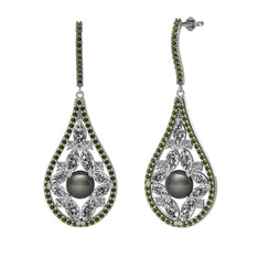 Apodemia İnci Küpe - Siyah inci, swarovski ve peridot 8 ayar beyaz altın küpe #fz4qym
