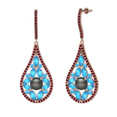 Apodemia İnci Küpe - Siyah inci, akuamarin ve kök yakut 14 ayar rose altın küpe #gfi8we