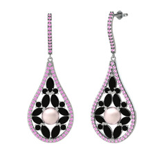 Apodemia İnci Küpe - Pembe inci, siyah zirkon ve pembe kuvars 14 ayar beyaz altın küpe #gihocb