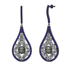 Apodemia İnci Küpe - Siyah inci, swarovski ve lab safir 925 ayar siyah rodyum kaplama gümüş küpe #h2hoou