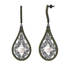 Apodemia İnci Küpe - Inci, swarovski ve peridot 925 ayar siyah rodyum kaplama gümüş küpe #h7rcz