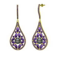 Apodemia İnci Küpe - Siyah inci ve ametist 8 ayar altın küpe #hmooi