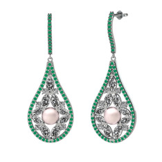 Apodemia İnci Küpe - Pembe inci, swarovski ve kök zümrüt 18 ayar beyaz altın küpe #hq74r4