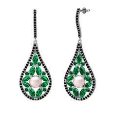 Apodemia İnci Küpe - Pembe inci, yeşil kuvars ve siyah zirkon 8 ayar beyaz altın küpe #i5ewqk