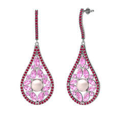 Pembe inci, pembe kuvars ve rodolit garnet 14 ayar beyaz altın küpe