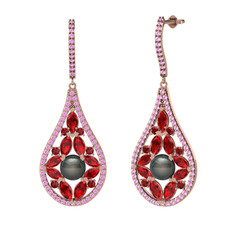 Apodemia İnci Küpe - Siyah inci, garnet ve pembe kuvars 14 ayar rose altın küpe #ica8a