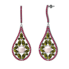 Pembe inci, peridot ve rodolit garnet 14 ayar beyaz altın küpe