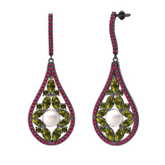 Inci, peridot ve rodolit garnet 925 ayar siyah rodyum kaplama gümüş küpe