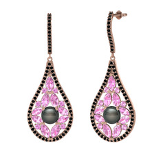 Apodemia İnci Küpe - Siyah inci, pembe kuvars ve siyah zirkon 925 ayar rose altın kaplama gümüş küpe #ikk8o2