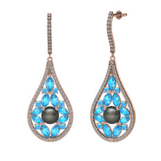 Apodemia İnci Küpe - Siyah inci, akuamarin ve swarovski 14 ayar rose altın küpe #ilwb8h