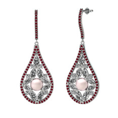 Pembe inci, swarovski ve kök yakut 14 ayar beyaz altın küpe