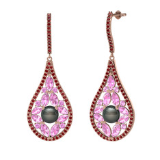 Siyah inci, pembe kuvars ve garnet 18 ayar rose altın küpe