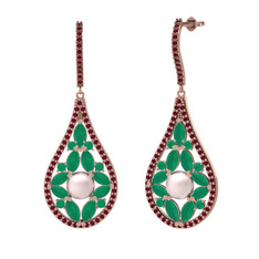 Apodemia İnci Küpe - Pembe inci, kök zümrüt ve kök yakut 14 ayar rose altın küpe #kbejq9