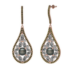 Siyah inci, swarovski ve peridot 925 ayar rose altın kaplama gümüş küpe