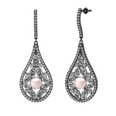 Pembe inci ve swarovski 925 ayar siyah rodyum kaplama gümüş küpe