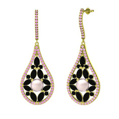 Apodemia İnci Küpe - Pembe inci, siyah zirkon ve pembe kuvars 14 ayar altın küpe #l89a7h