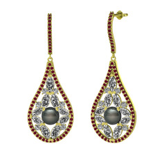 Siyah inci, swarovski ve kök yakut 18 ayar altın küpe