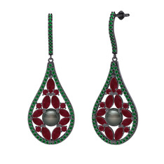 Apodemia İnci Küpe - Siyah inci, kök yakut ve yeşil kuvars 925 ayar siyah rodyum kaplama gümüş küpe #m8wjza