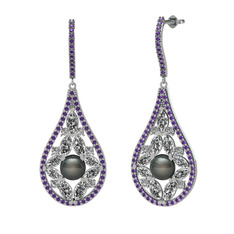 Apodemia İnci Küpe - Siyah inci, swarovski ve ametist 18 ayar beyaz altın küpe #mjg186