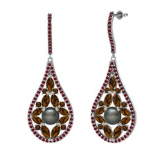 Apodemia İnci Küpe - Siyah inci, dumanlı kuvars ve kök yakut 925 ayar gümüş küpe #mty59s