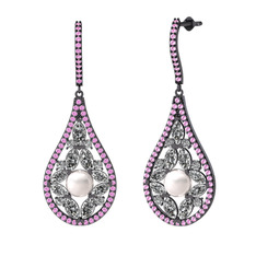 Apodemia İnci Küpe - Inci, swarovski ve pembe kuvars 925 ayar siyah rodyum kaplama gümüş küpe #nmznq6