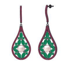 Apodemia İnci Küpe - Pembe inci, kök zümrüt ve rodolit garnet 925 ayar siyah rodyum kaplama gümüş küpe #ntvptf