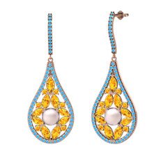 Apodemia İnci Küpe - Pembe inci, sitrin ve akuamarin 8 ayar rose altın küpe #odbg91